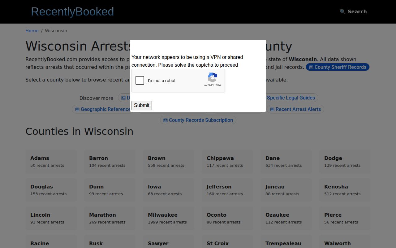 RecentlyBooked Wisconsin county index without a Green County listing